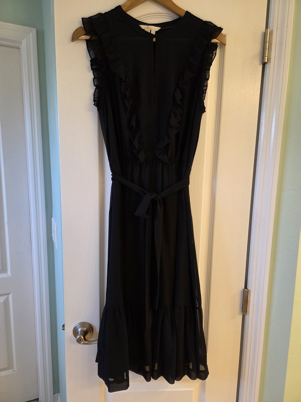 Boden Black Ruffle-Trim Midi Dress with Tie Waist